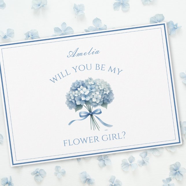 Cartão Rapariga Arco de Hydrangea Azul Personalizada (Ask your flower girl with this customizable card, adorned with a delicate blue hydrangea and ribbon.)