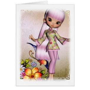 Cartão Rapariga Asiática Belos Flores Design 4 Card