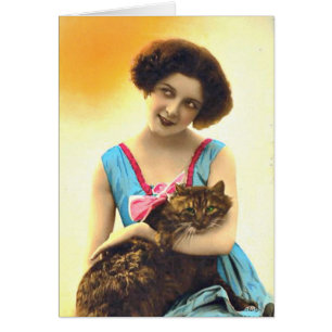 Cartão Rapariga bonita e seu gato