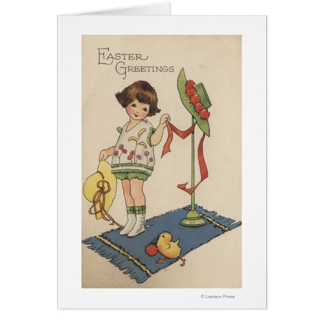 Cartão Rapariga com chapéu amarelo e Pintinho (Frente)