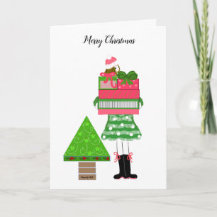 Cartão Rapariga com presentes e árvore