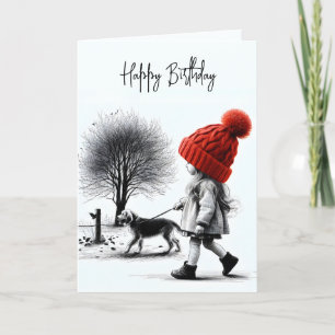 Cartão Rapariga de Aniversário a Caminhar o Cachorro