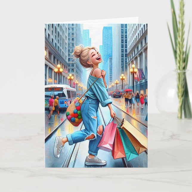 Cartão Rapariga de aniversário Comprando (Frente)