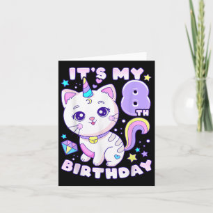 Cartão Rapariga de aniversário de 8 anos, Cat, Unicórnio,