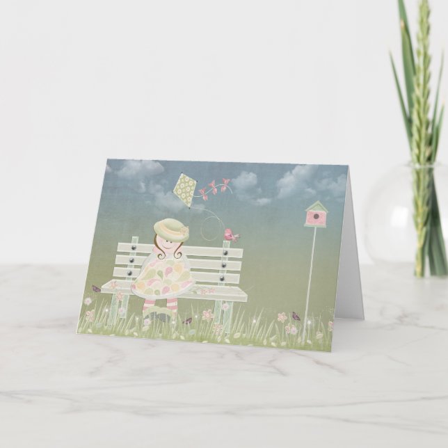 Cartão Rapariga de aniversário no Bench com pipa (Frente)