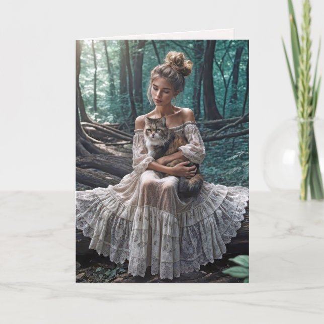Cartão Rapariga de aniversário no mato com um gato (Frente)