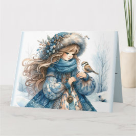Cartão Rapariga de inverno com pássaro na Casaco azul