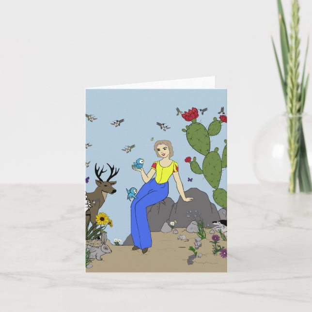 Cartão Rapariga do Deserto e Animais (Frente)
