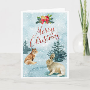 Cartão Rapariga e Coelho de Natal Nevado Cénico