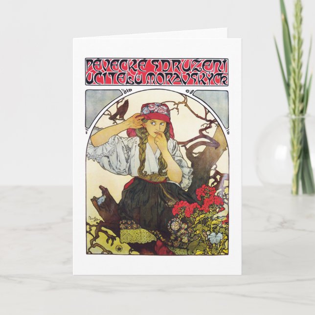 Cartão Rapariga e Geranium, Mucha (Frente)