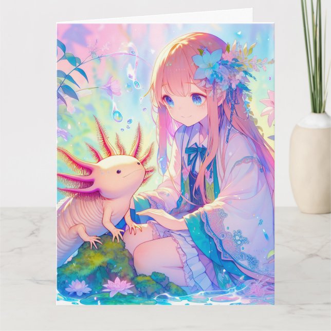 Cartão Rapariga Grande e Axolotl Personalizado Aniversári (Frente)