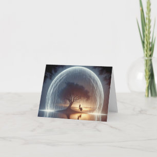 Cartão Rapariga numa placa de anotação Swing em árvore