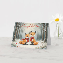 Cartão Rapariga Raposa Adorável Natal Floresta Nevada e C