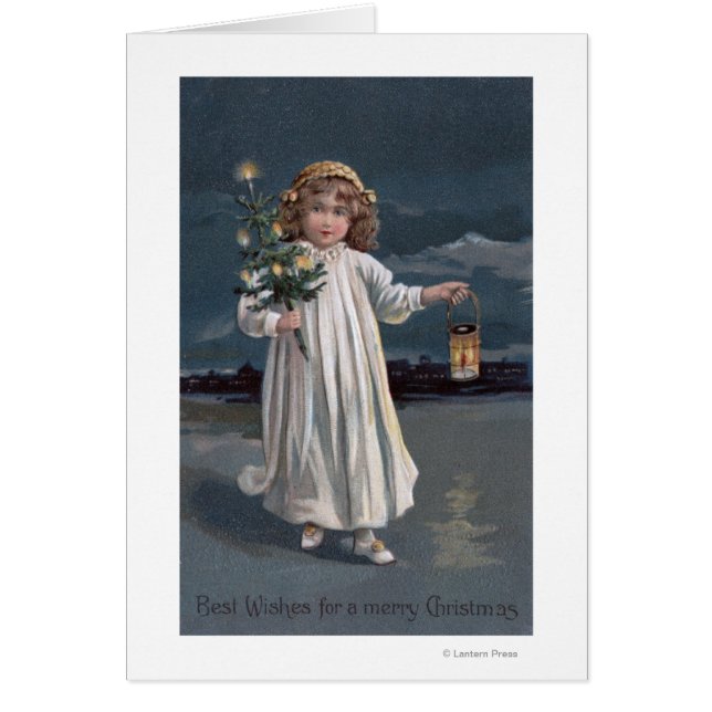 Cartão Rapariga Segurando Árvore e Lanterna (Frente)