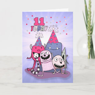 Cartão Raparigas 11 de Aniversário Rosa em Monstros de Ca