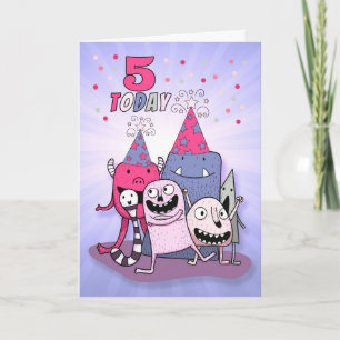 Cartão Raparigas 5 Rosa e Monstro Roxo Aniversário