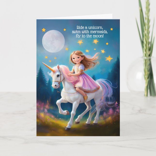 Cartão Raparigas Aniversário Viajam Voo de Unicórnio até  (Frente)