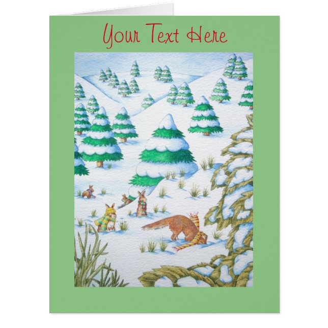 Cartão raposas e coelhos que jogam no Natal da neve (Frente)