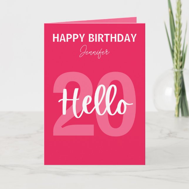 Cartão Raspberry Pink Hello 20 Aniversário Personalizado (Frente)