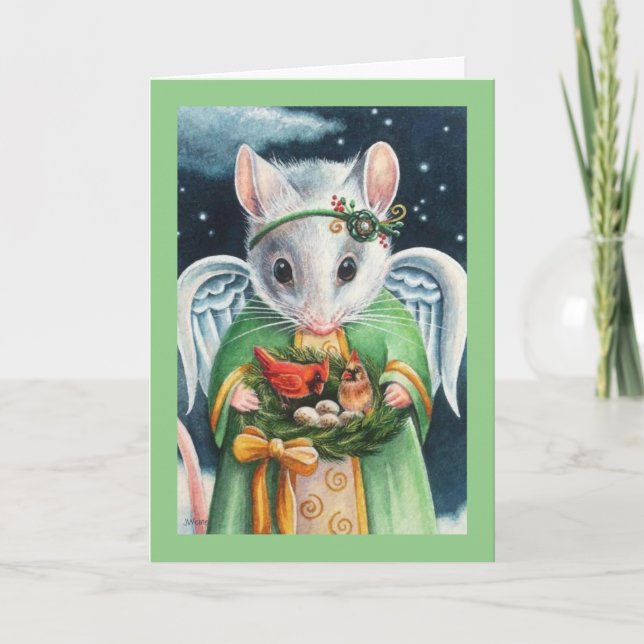 Cartão Rato Anjo de Natal e Cardinals Arte Aquarela (Frente)