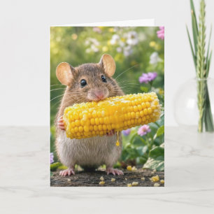 Cartão Rato de Aniversário Comendo Milho na Espiga