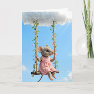 Cartão Rato de Aniversário em um Vestido Rosa em um Balan
