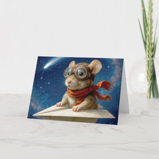 Cartão Rato de aniversário infantil voando num avião de p (Frente)