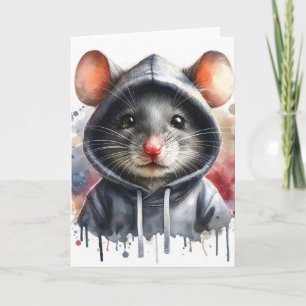 Cartão Rato de Aquarela em Capuz Cinza Arte Splash
