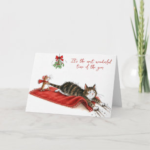 Cartão Rato de Natal Arrastando um Gato Sob um Visco
