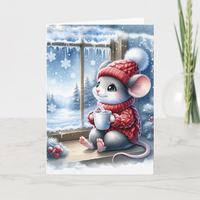 Cartão Rato De Natal Em Janela Com Cacau Quente (Frente)