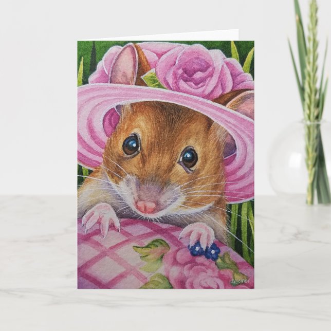 Cartão Rato em Touca Encontra Ovo Rosa Arte em Aquarela (Frente)