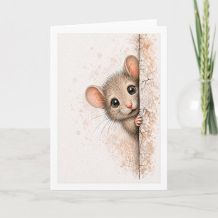 Cartão Rato Fofo Espiando Cobertor Aquarela Pequeno Anima