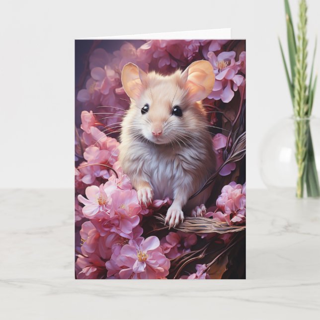 Cartão Rato Fofo nas Flores para Todas as Ocasioes  (Frente)