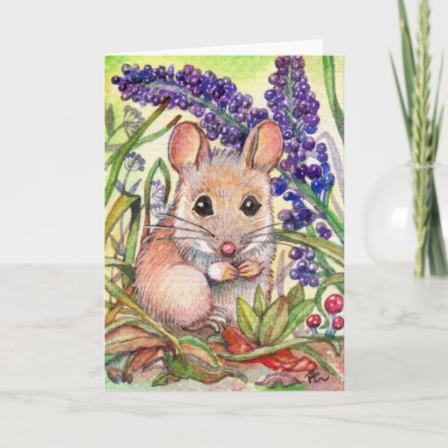 Cartão Rato Pequeno e Flores Roxas (Frente)