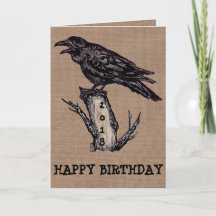 Raven Burlap Birthday Card Personalize, Data