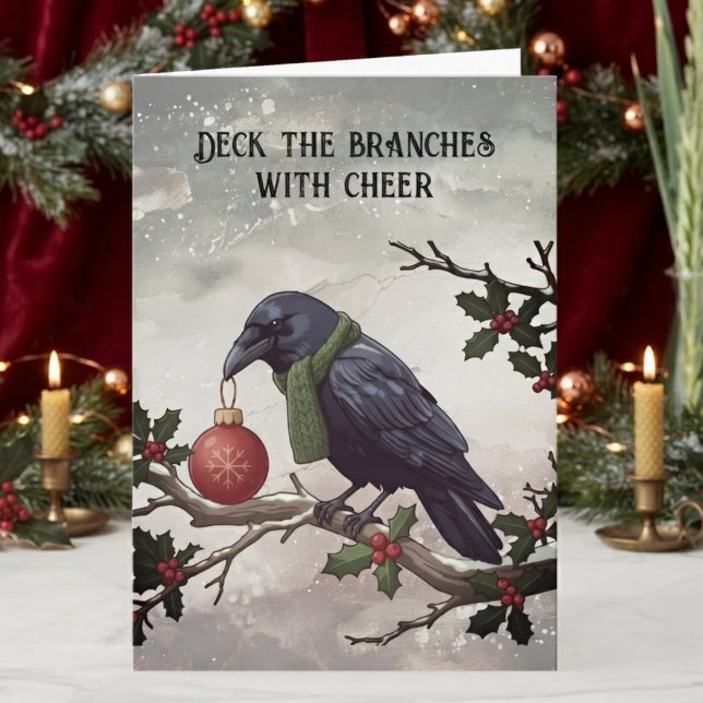 Cartão Raven Gothic Winter (Gothic raven holiday card for alternative friends celebrating a moody winter Christmas.)