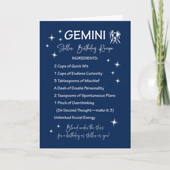 Cartão Receita de Aniversário Estelar Gemini Zodiac (Frente)