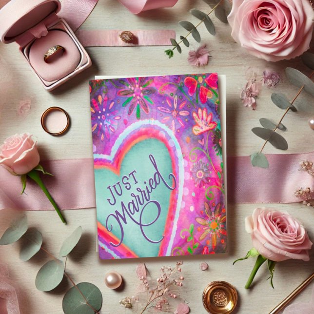 Cartão Recem casados Bonito Coração Floral Púrpura (Criador carregado)