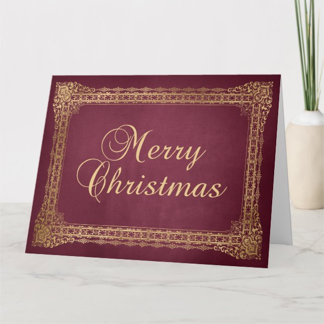 Cartão Red and Faux Gold Ornate Border Merry Christmas (Frente)