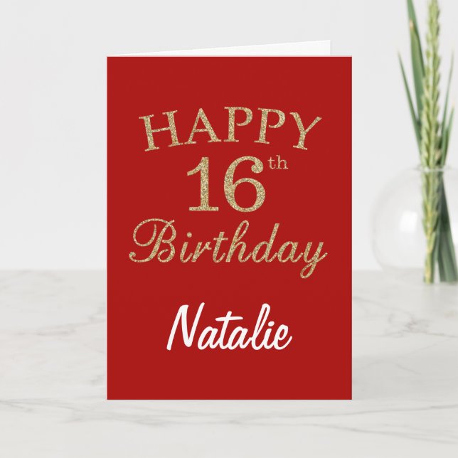 Cartão Red and Gold Glitter 16th Birthday Card (Frente)
