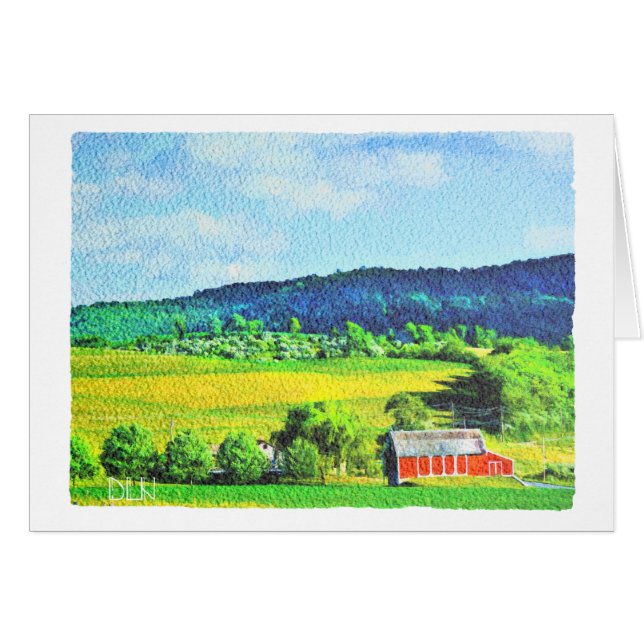 Cartão Red Barn/Landscape Art/Watercolor (Frente horizontal)