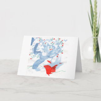 Cartão Red bird & red-berried tree note card (greeting)