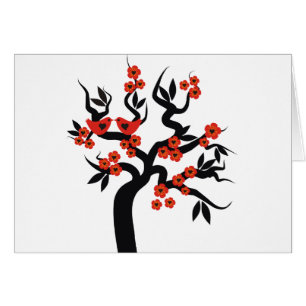 Cartão Red Black Love bird sakura cherry tree & Blossoms