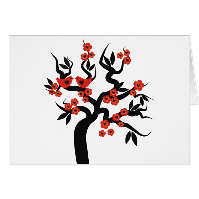 Cartão Red Black Love bird sakura cherry tree & Blossoms (Frente Horizontal)
