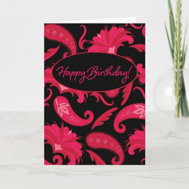 Cartão Red & Black Paisley Happy Birthday Greeting Card (Frente)