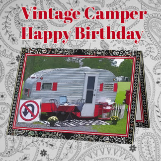 Cartão Red Black Vintage Camper Trailer Feliz Aniversário