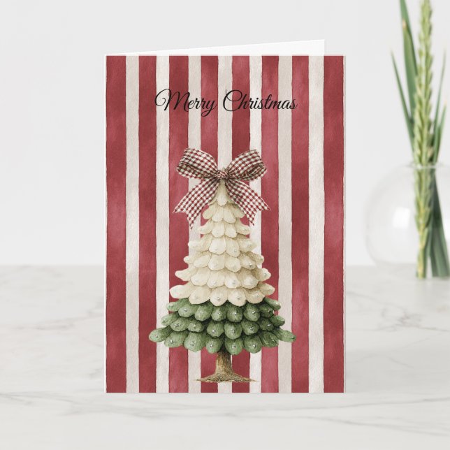 Cartão Red Bow Stripes Christmas Green Cream Tree (Frente)