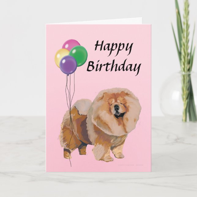 Cartão Red Chow Chow with Balloons Happy Birthday (Frente)