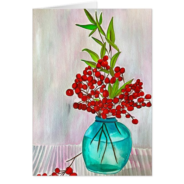 Cartão Red Christmas Berries aquarela arte (Frente)
