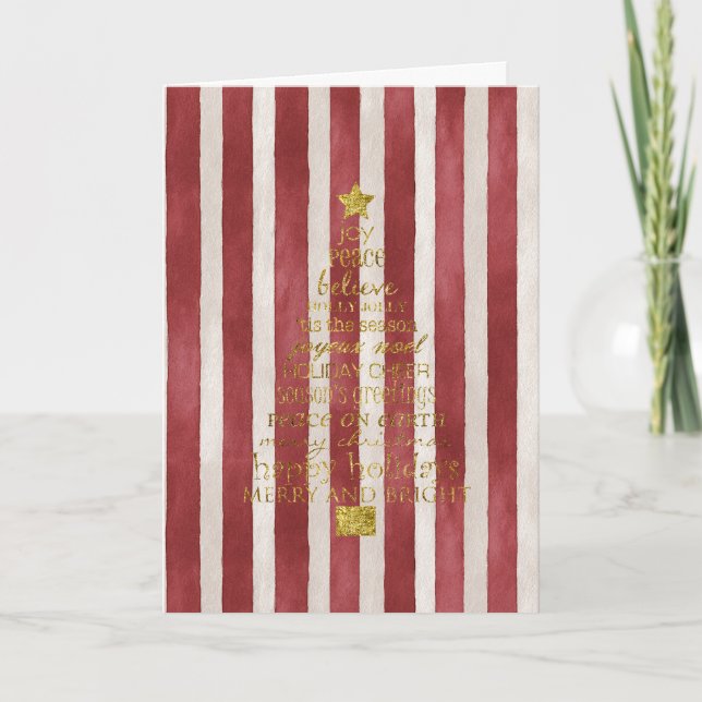 Cartão Red Cream Stripes Gold Merry Christmas Tree (Frente)